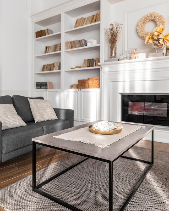 A living room with a fireplace and bookshelf